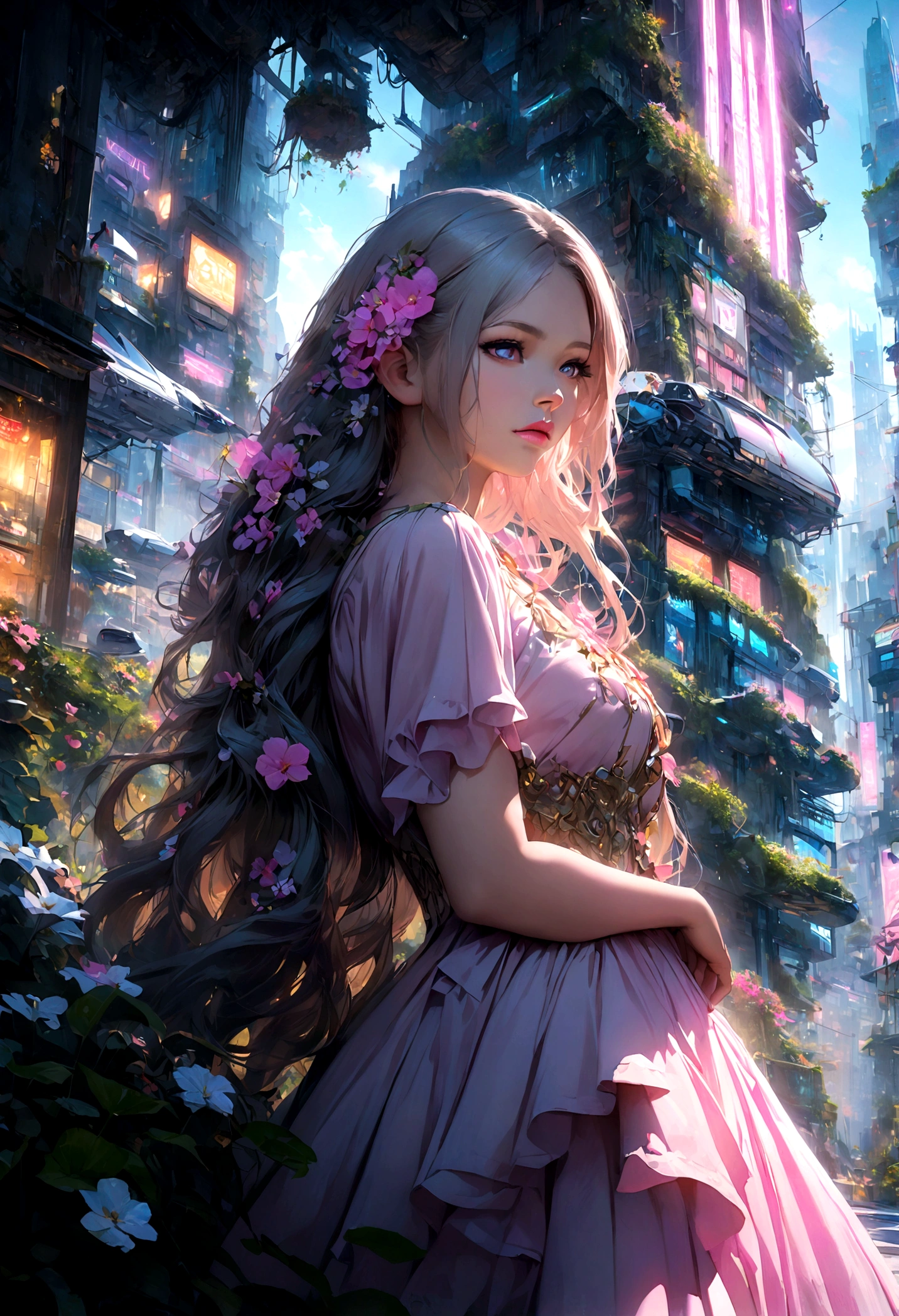 a beautiful princess, 1girl, beautiful detailed eyes, beautiful detailed lips, extremely detailed face, long eyelashes, long flowing hair, elegant dress, in a bright futuristic city, floating buildings, skyscrapers, neon lights, covered in flowers and greenery, lush vegetation, nature and technology, vibrant colors, cinematic lighting, dramatic atmosphere, ultra-detailed, 8k, photorealistic, masterpiece, concept art