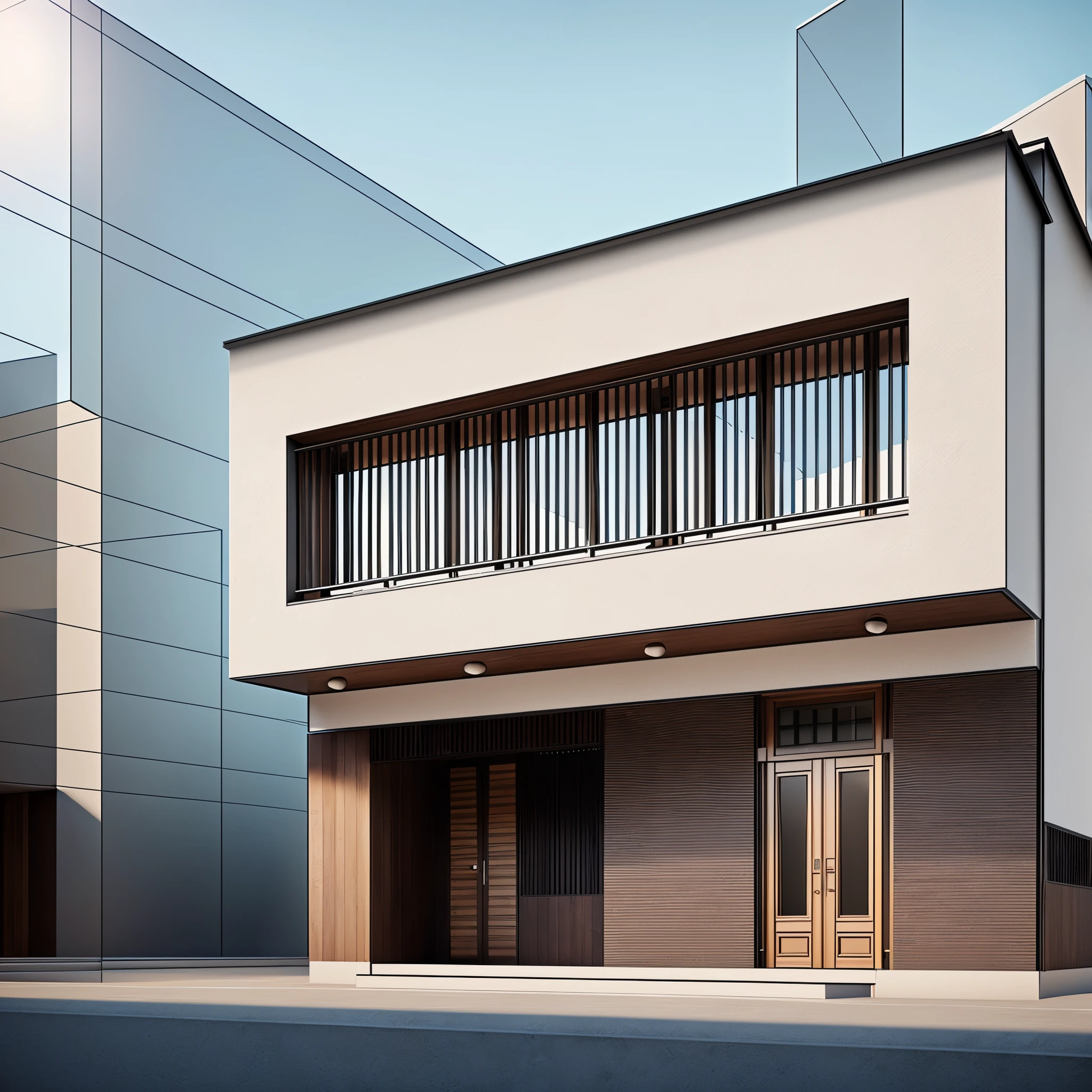 townhouse, model style, brown, realistic photos, exterior design, day light, best quality, wooden door on the 1st floor, black iron gate, realistic building, architectural rendering, detailed render, detailed rendering, render in vray, architecture photo, rendering of a building with a tree growing on the roof, a digital rendering inspired by Takeuchi Seihō, cg society contest winner, Protective iron bars on the 2nd floor balcony