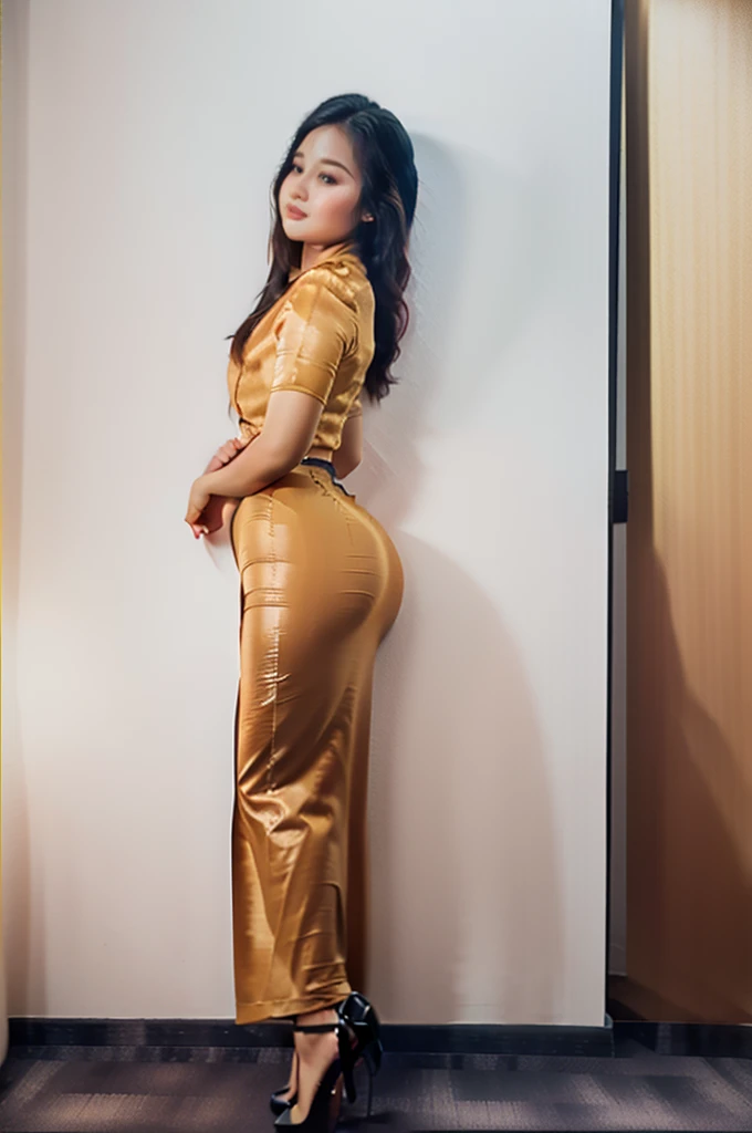 a Burmese young girl wearing Burmese traditional school attire for girls. Her body is attractive and curvy. Her face is pretty and seductive. The camera angle is from the side showing her whole body.