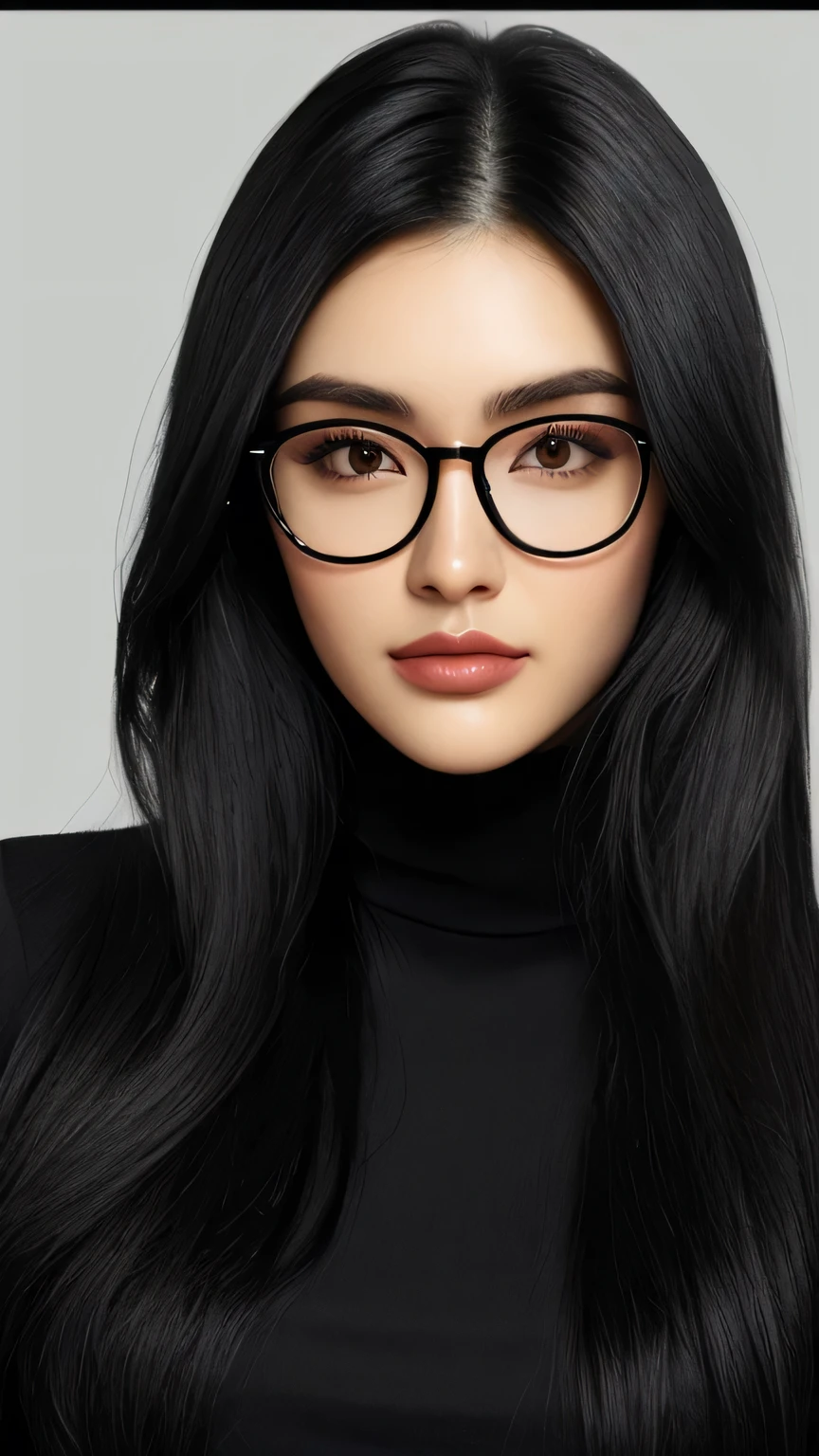 face , black hair, black rectangle glasses