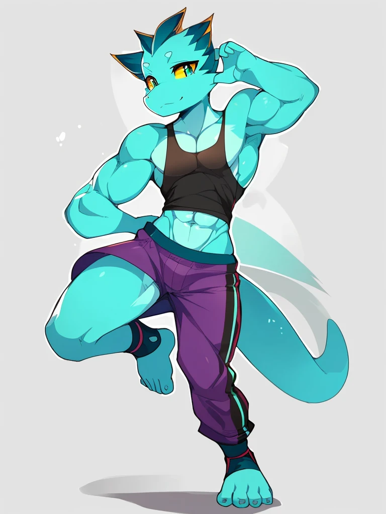 [lizard], (mayosplash), (wamudraws)], ((masterpiece)), ((HD)), ((solo portrait)), ((front view)), ((detailed shading)), ((beautiful render art)), ((intricate details)), cute teal eyes, (yellow sclera), (half-closed eyes), (medium boobs), (defined muscles), (beautiful feet), (clothing, topwear: tanktop, bottomwear:(pants:black) footwraps, stirrup footwear)),{(standing), (dynamic pose)}