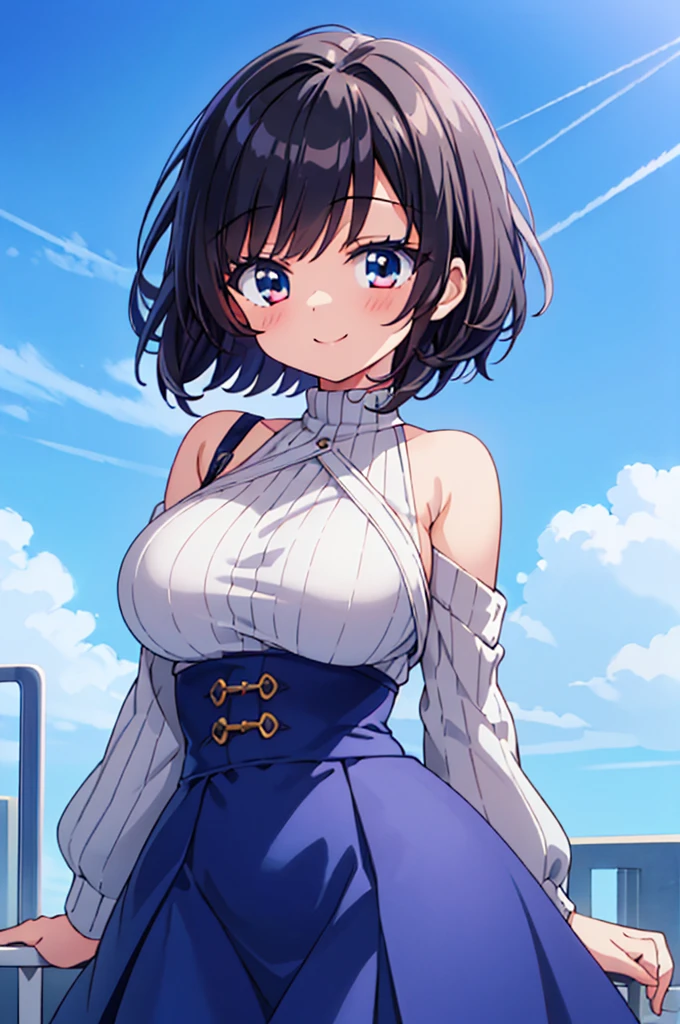 Main piece、high quality、High resolution、1 girl,single, Ruka Sarashina、jewelry、skirt、Maid uniform that exposes the breasts、Japan maid café、black hairの女性、short hair、black hair、black pantyhose, blue eyes, long sleeve, blue hair band, bangs, big full breast, cleavage, Medium waist, medium hips, wide thighs, Cowboy photos, smile, fascinating, embarrassing, blush、lots of people, looking at the viewer,from below、Low - Angle,very big breasts、cleavage、no bra、no panties、no panties、非常に短いskirt、nipple、nippleを出す、nippleからミルクが吹き出す、nippleからミルクが滴る