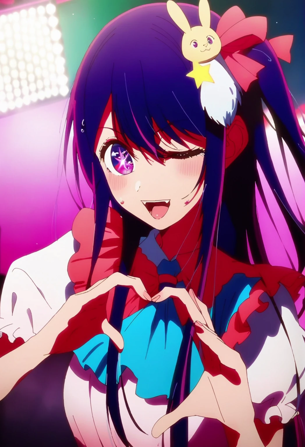 1girl, hoshinoai, solo, purple hair, purple eyes, long hair, (star-shaped pupils), one side up, BREAK
idol, puffy sleeves, puffy short sleeves, bunny hair ornament, hair ornament, star hair ornament, gradient dress, white dress, pink dress, BREAK
facing viewer, heart hands, heart, sparkle, upper body, close-up, fangs, sweat, one eye closed, open mouth, BREAK
stage, glowstick, stage lights, blurry background, depth of field, backlighting, BREAK
score_9, score_8_up, score_7_up, score_6_up, anime,
(high quality, detailed, beautiful), shiny, detailed beautiful eyes, outstanding, countershading, detailed soft lighting