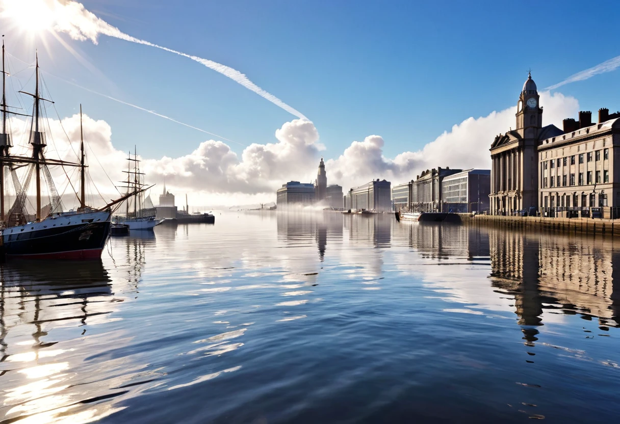 {{{Victorian era}}}, port, (masterpiece:1.2), (best quality:1.2), (very aesthetic:1.2), (absurdres:1.2), (detailed background), photograph, calm, Calm Day, noon, sunny, White cloud, fog,Ripples, Ocean, Liverpool