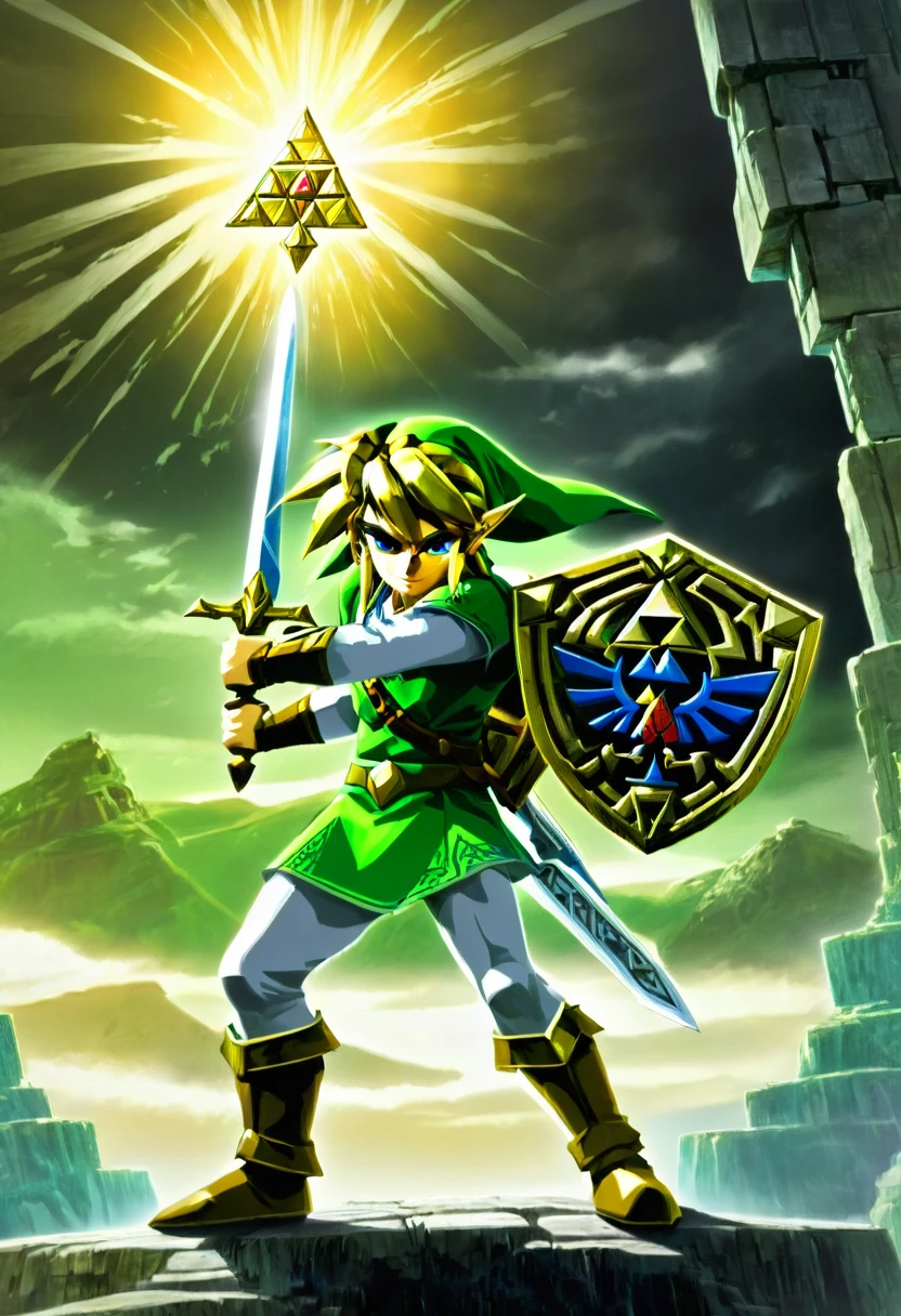 A powerful image of the legendary hero Link, from the iconic video game series The Legend of Zelda. He stands confidently, holding the Triforce of Wisdom in his right hand, which emits a radiant golden light. The Triforce is inscribed with the words "Wisdom," "Power," and "Courage." The background reveals a mysterious ancient landscape with ruins, trees, and a cloudy, ominous sky. Link's determined expression and the symbol of the Triforce create an aura of heroism and wisdom.
