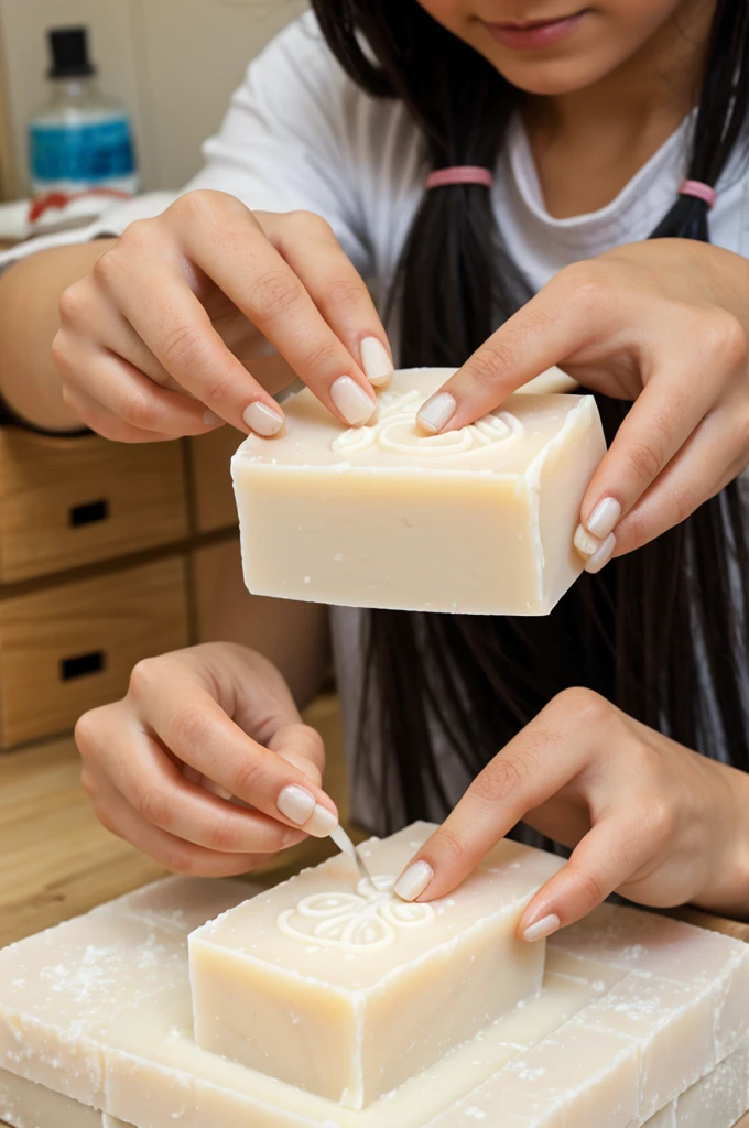 girls hands making handmade white soap