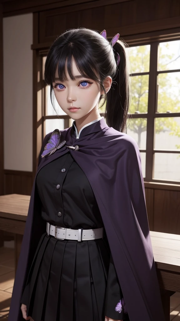 kanaotsuyuri, kanao tsuyuri, black hair, butterfly, butterfly hair ornament, (purple eyes:1.1), side ponytail, ponytail, 
BREAK black skirt, cape, demon slayer uniform, long sleeves, pleated skirt, skirt, white cape,
BREAK looking at viewer,
BREAK indoors, classroom,
BREAK (masterpiece:1.2), best quality, high resolution, unity 8k wallpaper, (illustration:0.8), (beautiful detailed eyes:1.6), extremely detailed face, perfect lighting, extremely detailed CG, (perfect hands, perfect anatomy),