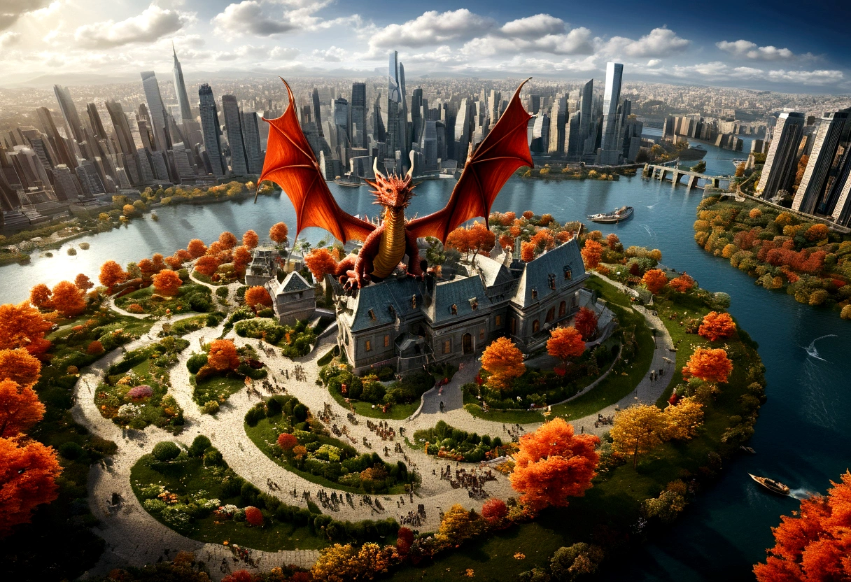 ((picture taken  from above the back of the dragon: 1.5)), arafed, a picture of a dragon flying above a modern city, modern city is laid underneath, there is river beneath the dragon, its shadow is cast on the water dragon wings spread wide, dynamic color dragon, you see the back of the dragon, its majestic wings, its tail and the city and river it is flying above, , panoramic view (Masterpiece, intense details: 1.5) , Wide-Angle, Ultra-Wide Angle, dynamic light, Cinematic Hollywood Film style