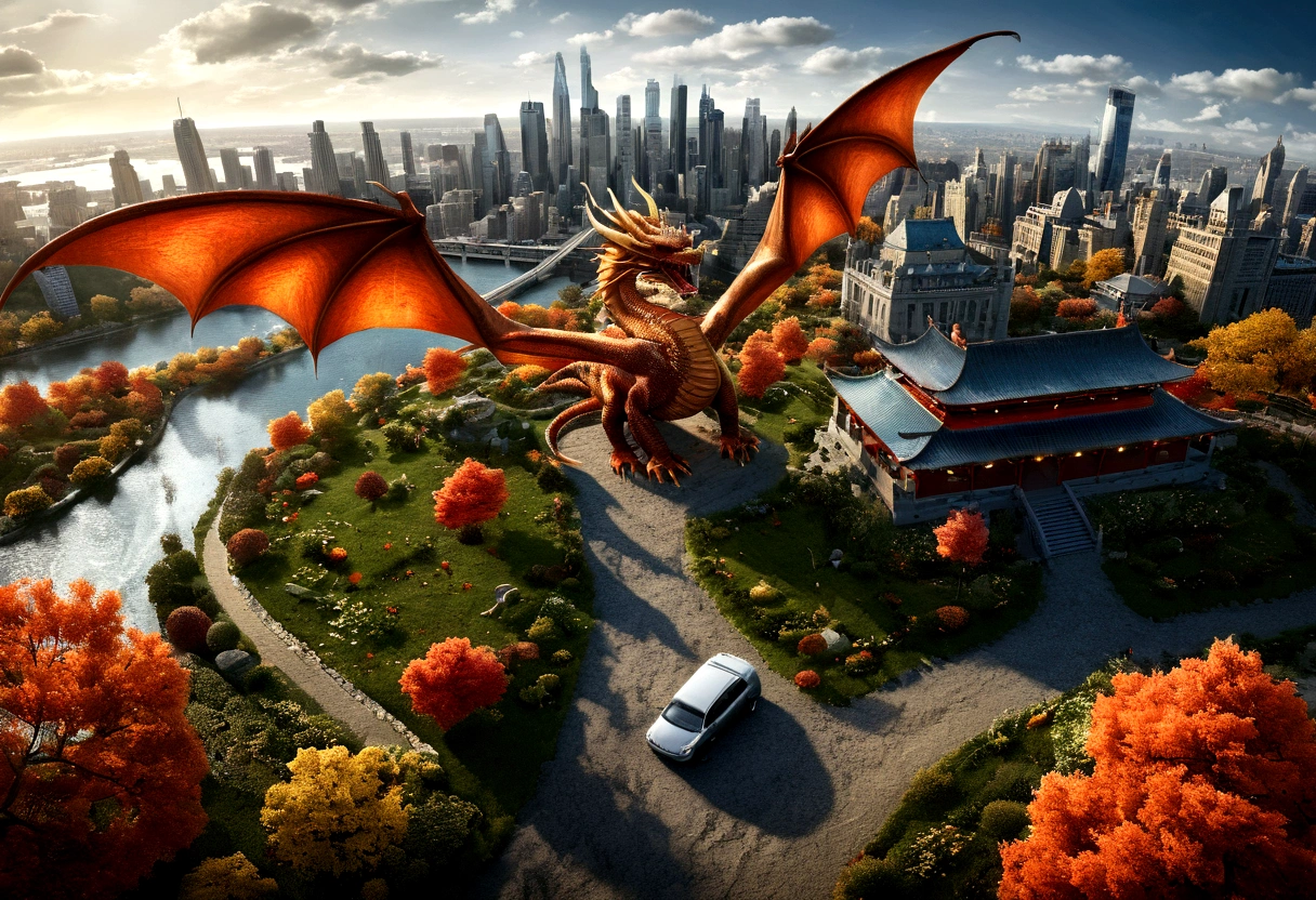 ((picture taken  from above the back of the dragon: 1.5)), arafed, a picture of a dragon flying above a modern city, modern city is laid underneath, there is river beneath the dragon, its shadow is cast on the water dragon wings spread wide, dynamic color dragon, you see the back of the dragon, its majestic wings, its tail and the city and river it is flying above, , panoramic view (Masterpiece, intense details: 1.5) , Wide-Angle, Ultra-Wide Angle, dynamic light, Cinematic Hollywood Film style