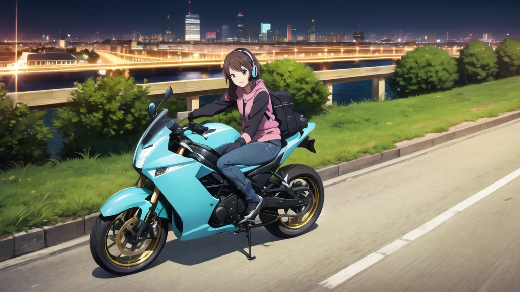 (High resolution, Best Quality, Masterpiece:1.2), (Realistic illustrations), Lo-fi Hip Hop, flat, 2.5D, Line art, Gouache color, Studio Ghibli style, Great colorful, Relaxed girl listening to music with headset, smile, はにかんだsmile, 80s city night view, Riding a motorcycle