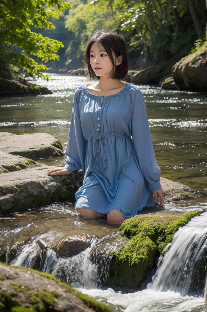 NSFW,masterpiece、high-level image quality、high-detail、full body Esbian、fullnude、One Beautiful Girl, hi-school girl、15yo student、Hairstyle with bangs、great outdoors、Blue swamp in the coniferous forest belt、Beautiful girl walking in the water and coming here、Embarrassment、confusion、Ephemeral、dark sky、side lights、Pale and soft light、diffuse glow、Wrapped in thick fog、Uprights to reduce shadow shading