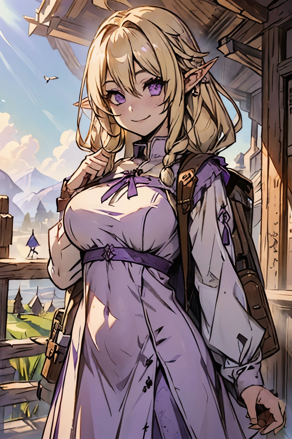 blood_elf, (blonde hair), ((purple eyes)), (braids), long white dress, ((waist_long_hair)), world_of_warcraft, female, detailed_hands, brown_knapsack, long_ears, grown woman, large breasts, no visible stomach, no visible hips, smiling, in the sunshine