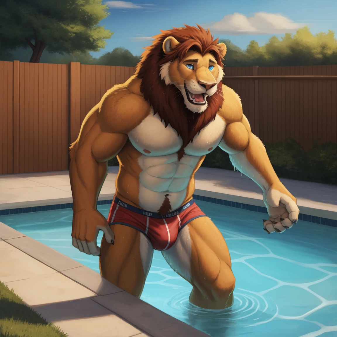 Anthro, anthro solo, realistic, anthropomorphic, body fur, 4k, hi res, detailed eyes, 8k eyes, eyes focus, colorful eyes, outdoors, pool, grass, large backyard, fence, wet bodies, blue eyes, open mouth, muscular lion male, in pool, in water, briefs, tail shown, digital artwork,(flat colors:1.2),(by adios, by k-9,by paintfox:.8), by delirost, by tritscrits, (detailed fur, detailed fur texture:0),(masterpiece, best quality, high quality, highres, ultra-detailed)