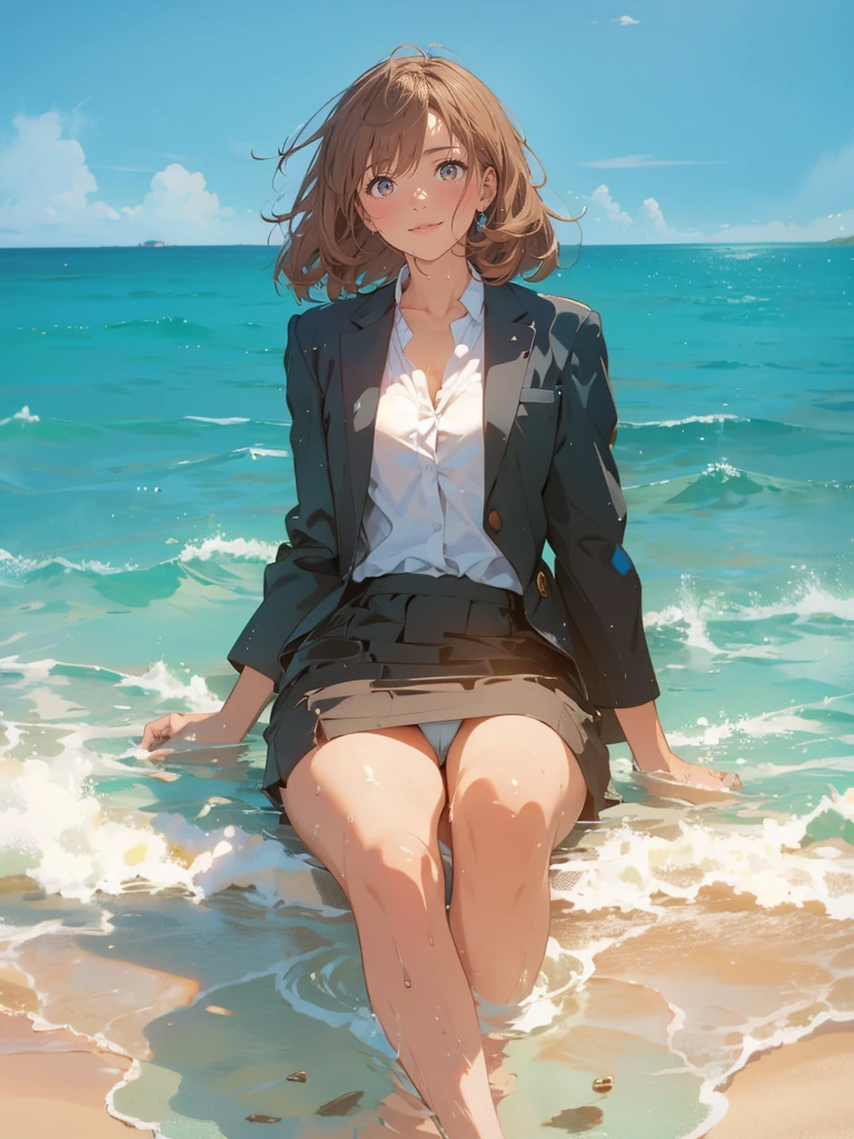 (masterpiece), (best quality), (ultra-detailed), (best illustration), (best shadow), (absurdres), Female, 25 years old, steam,  nsfw,  shy, medium breasts, nsfw, serious, panties, sea, light smile, wet, wet hair, 