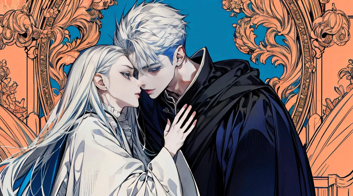 (Wide-angle lens, Vision), (1 boy, 1 ),couple,((Upper part of the body)), Sharp blue eyes,Sharp pupils,white spiky hair,He is wearing a black noble robe,Hugging and kissing his lovely wife intimately