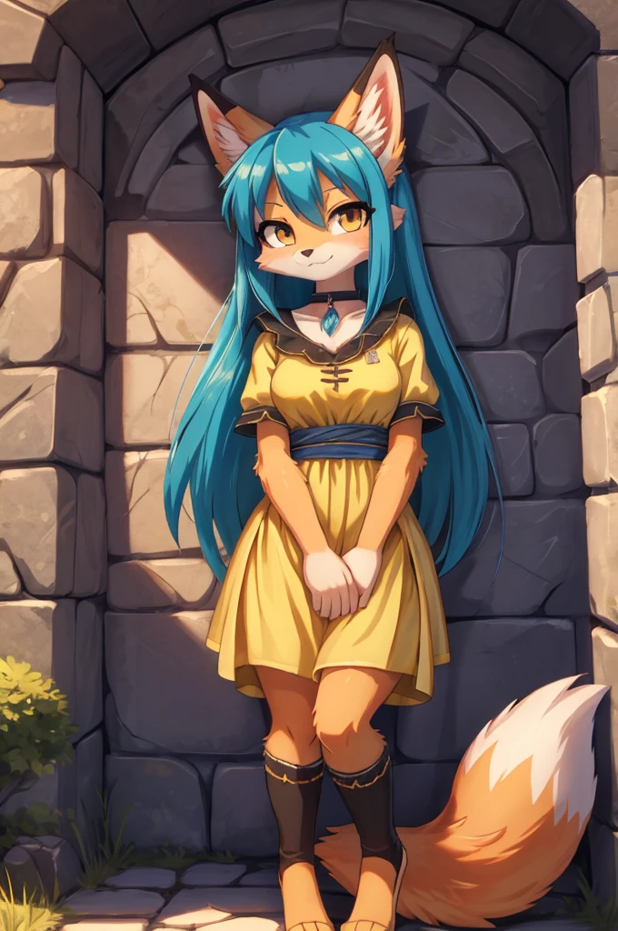 a woman with long blue hair and fox ears is standing in front of a stone wall, beautiful chica gata anime, muy hermosa chica gato anime, estilo anime 4k, mikudayo, cute chica gata anime, chica anime con cabello verde azulado, high quality anime art style, chica gata anime, extremely detailed artistic germ, fondo de pantalla de anime hd. Con con blusa negra ombliguera de olanes, una mini falda negra con detalles en rosa de olanes