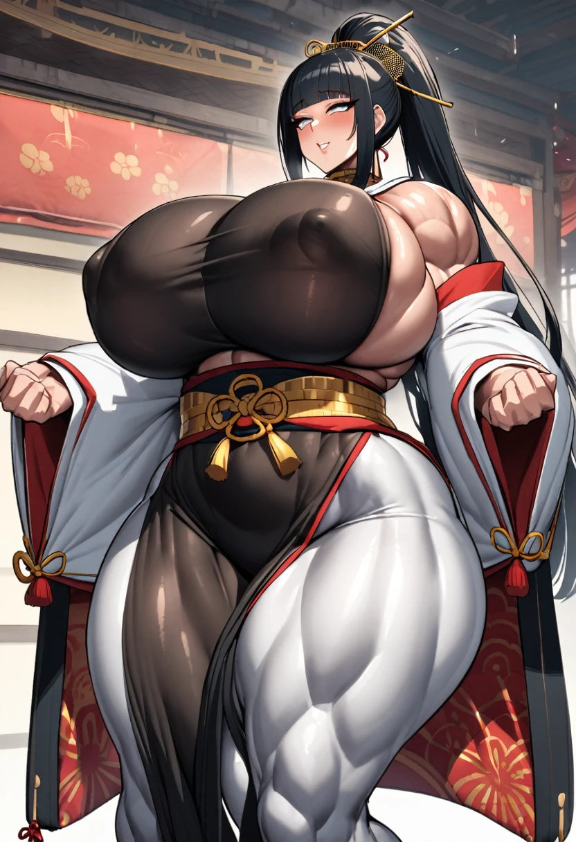 Cleopatra with extreme muscular body, gigantic muscular arms, gigantic muscular tights, geisha outfit, fair skin, black hair with ponytail and gigantic breasts.