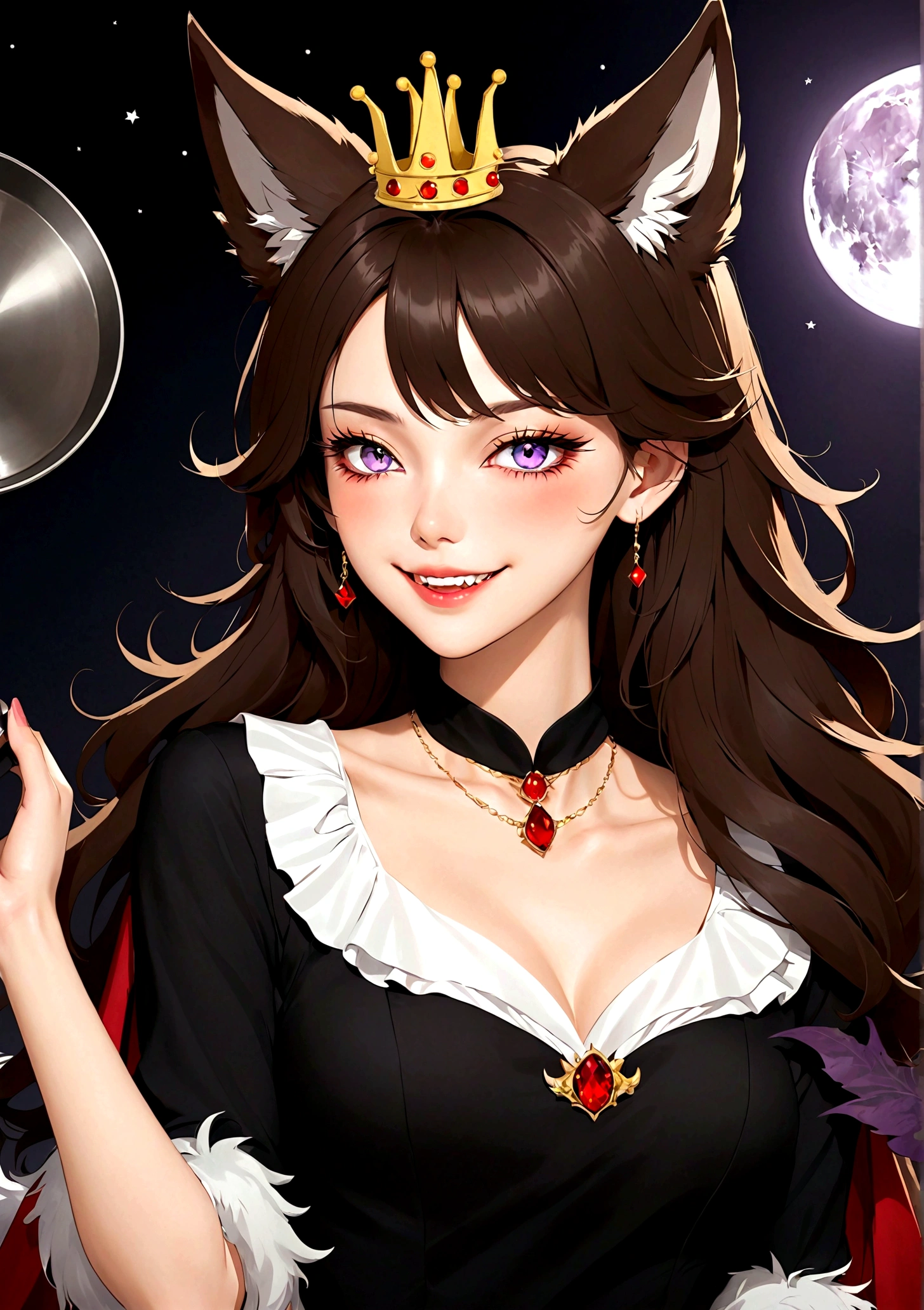 Vector,flat,Simple and smooth lines,A beautiful illustration:Big Bad Wolf:1.37.frying pan:1.37 Beautiful girl sitting elegantly,(((She has a beauty spot:1.37))),Purple Eyes,Delicate lashes,Smile,Smooth skin,Long black hair,Wolf ears, Small Crown,Red fur collar brooch on suit,温顺的Big Bad Wolf。Correct human anatomy,moonlight,bat