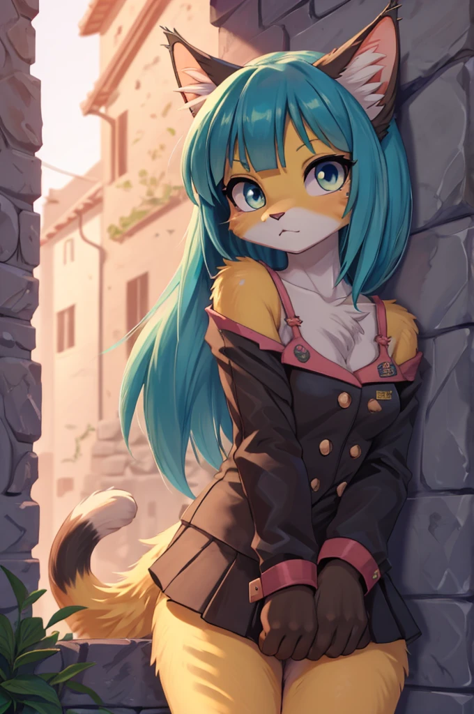 a woman with long blue hair and cat ears is standing in front of a stone wall, beautiful chica gata anime, muy hermosa chica gato anime, estilo anime 4k, mikudayo, cute chica gata anime, chica anime con cabello verde azulado, high quality anime art style, chica gata anime, extremely detailed artistic germ, fondo de pantalla de anime hd.  Con con blusa negra ombliguera de olanes, una mini falda negra con detalles en rosa de olanes, cat iris