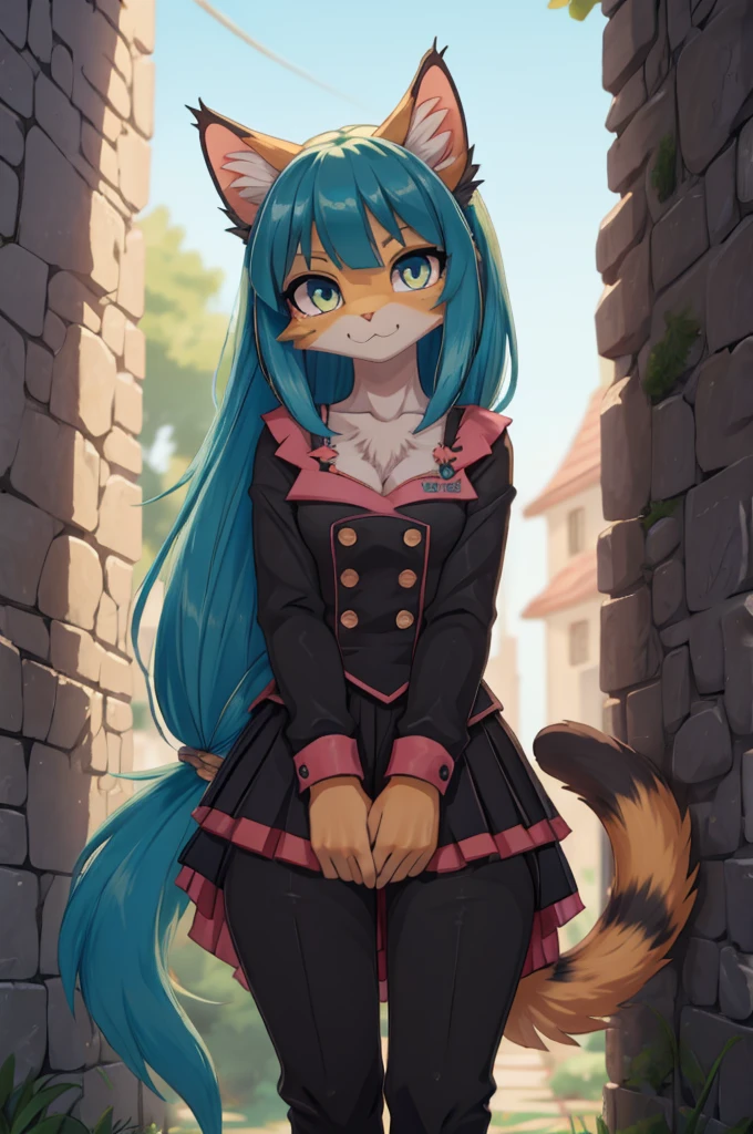 a woman with long blue hair and cat ears is standing in front of a stone wall, beautiful chica gata anime, muy hermosa chica gato anime, estilo anime 4k, mikudayo, cute chica gata anime, chica anime con cabello verde azulado, high quality anime art style, chica gata anime, extremely detailed artistic germ, fondo de pantalla de anime hd.  Con con blusa negra ombliguera de olanes, una mini falda negra con detalles en rosa de olanes, cat iris