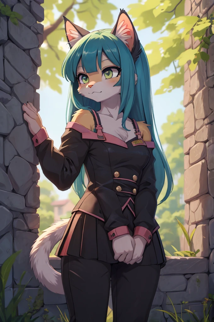 a woman with long blue hair and cat ears is standing in front of a stone wall, beautiful chica gata anime, muy hermosa chica gato anime, estilo anime 4k, mikudayo, cute chica gata anime, chica anime con cabello verde azulado, high quality anime art style, chica gata anime, extremely detailed artistic germ, fondo de pantalla de anime hd.  Con con blusa negra ombliguera de olanes, una mini falda negra con detalles en rosa de olanes, cat iris