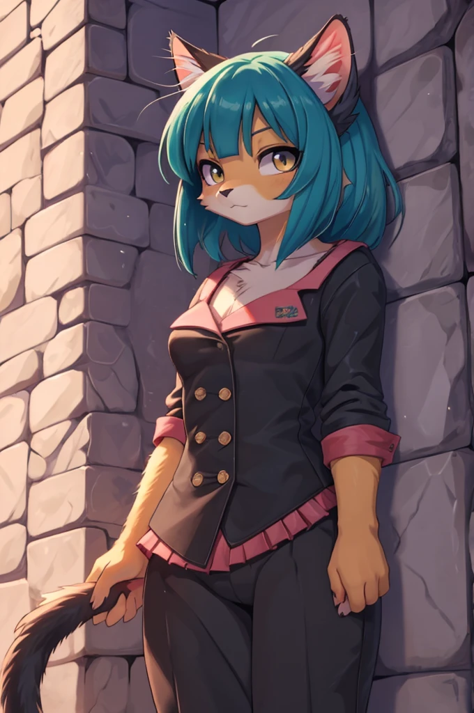 a woman with long blue hair and cat ears is standing in front of a stone wall, beautiful chica gata anime, muy hermosa chica gato anime, estilo anime 4k, mikudayo, cute chica gata anime, chica anime con cabello verde azulado, high quality anime art style, chica gata anime, extremely detailed artistic germ, fondo de pantalla de anime hd.  Con con blusa negra ombliguera de olanes, una mini falda negra con detalles en rosa de olanes, cat iris