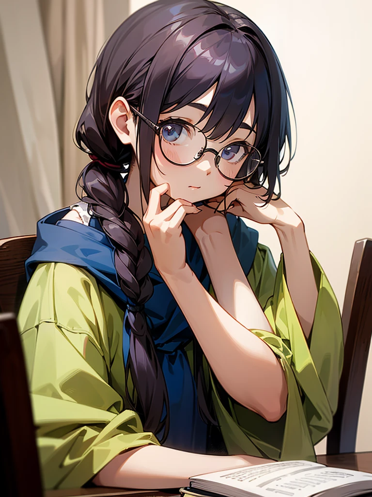 A cute young girl, wearing glasses, shoulder-length hair tied in a knot, sitting intently writing a book.