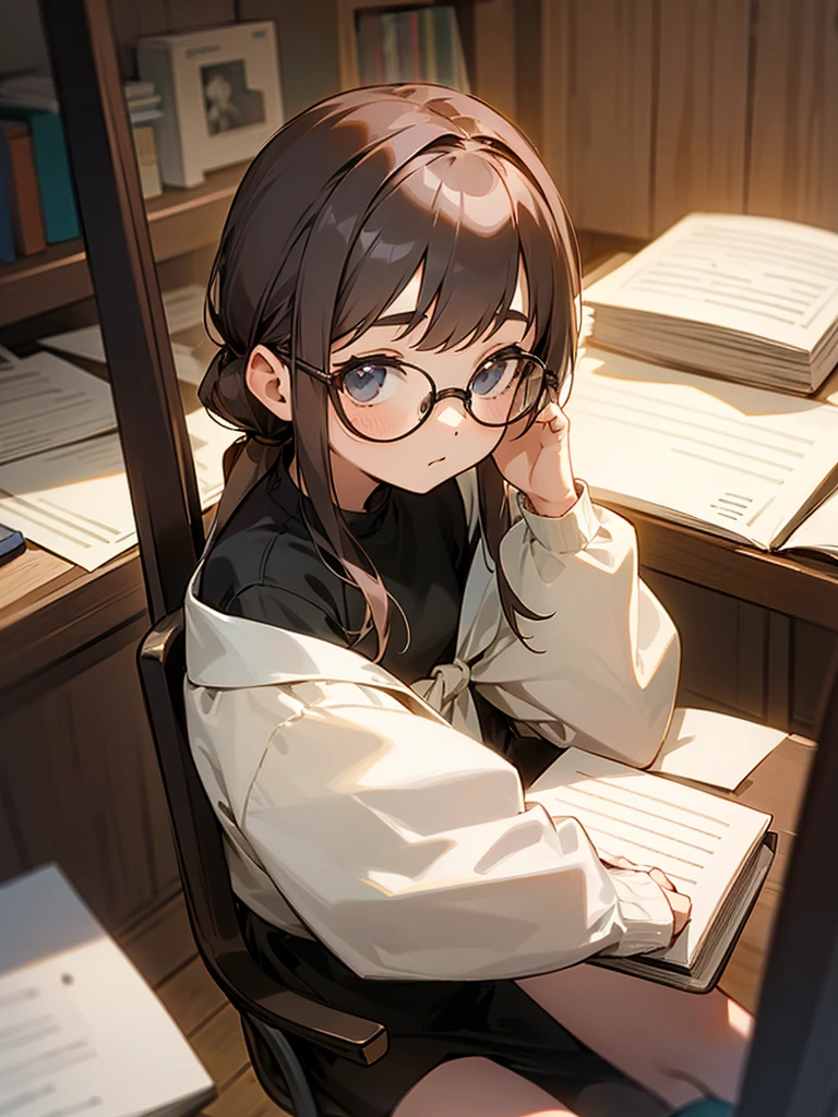 A cute young girl, wearing glasses, shoulder-length hair tied in a knot, sitting intently writing a book.