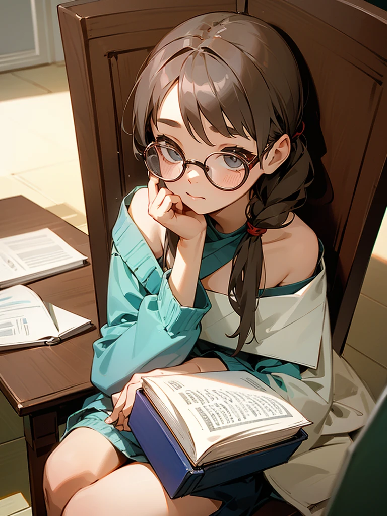 A cute young girl, wearing glasses, shoulder-length hair tied in a knot, sitting intently writing a book.