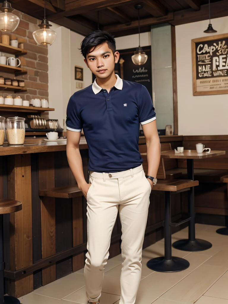 A portrait of a short-haired Indonesian man wearing a dark blue polo shirt, cream pants, and white sneakers. Standing in a beautiful and aesthetic rustic café, he creates harmony between simple attire and the artistic background. The simplicity of his style blends perfectly with the café's warm atmosphere.