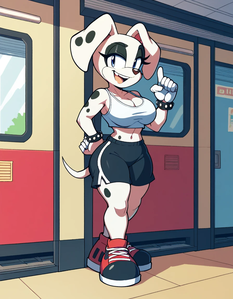 score_9, score_8_up, score_7_up, score_6_up, masterpiece, best quality, cartoony anthropomorphic Dalmatian wearing black swimming shorts and has thick thighs and doing a standing on a train in the dynamic pose,