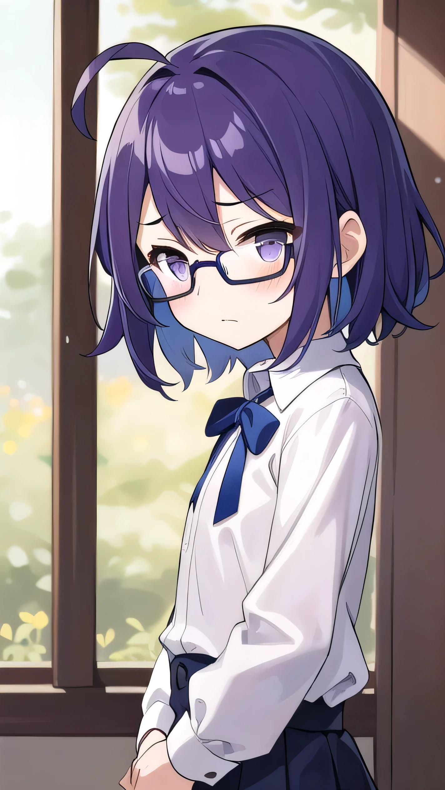 (Purple hair:1.4), gray eyes, white , navy blue miniskirt, 11 years old, short, short long hair, kind expression, shy, , almost no breasts, slightly exposed. hair,(flipped hair ), flipped hair, long sleeves, ahoge, girl alone, flipped hair, flipped hair, flipped hair, flipped hair, glasses with no edges, embarrassed, flat chest，striped shirt