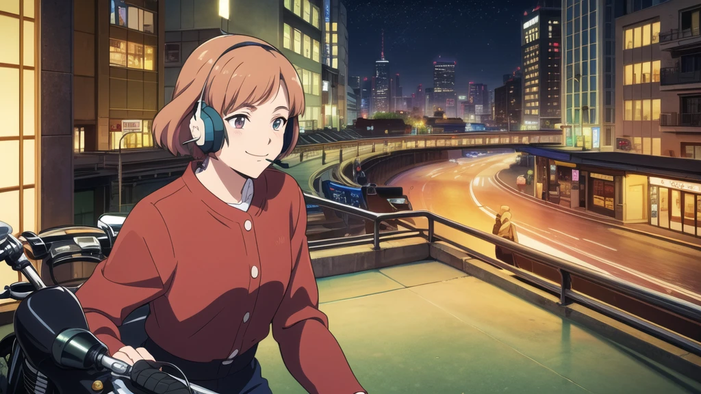 (High resolution, Best Quality, Masterpiece:1.2), (Realistic illustrations), Lo-fi Hip Hop, flat, 2.5D, Line art, Gouache color, Studio Ghibli style, Great colorful, Relaxed girl listening to music with headset, smile, はにかんだsmile, 80s city night view, Riding a motorcycle