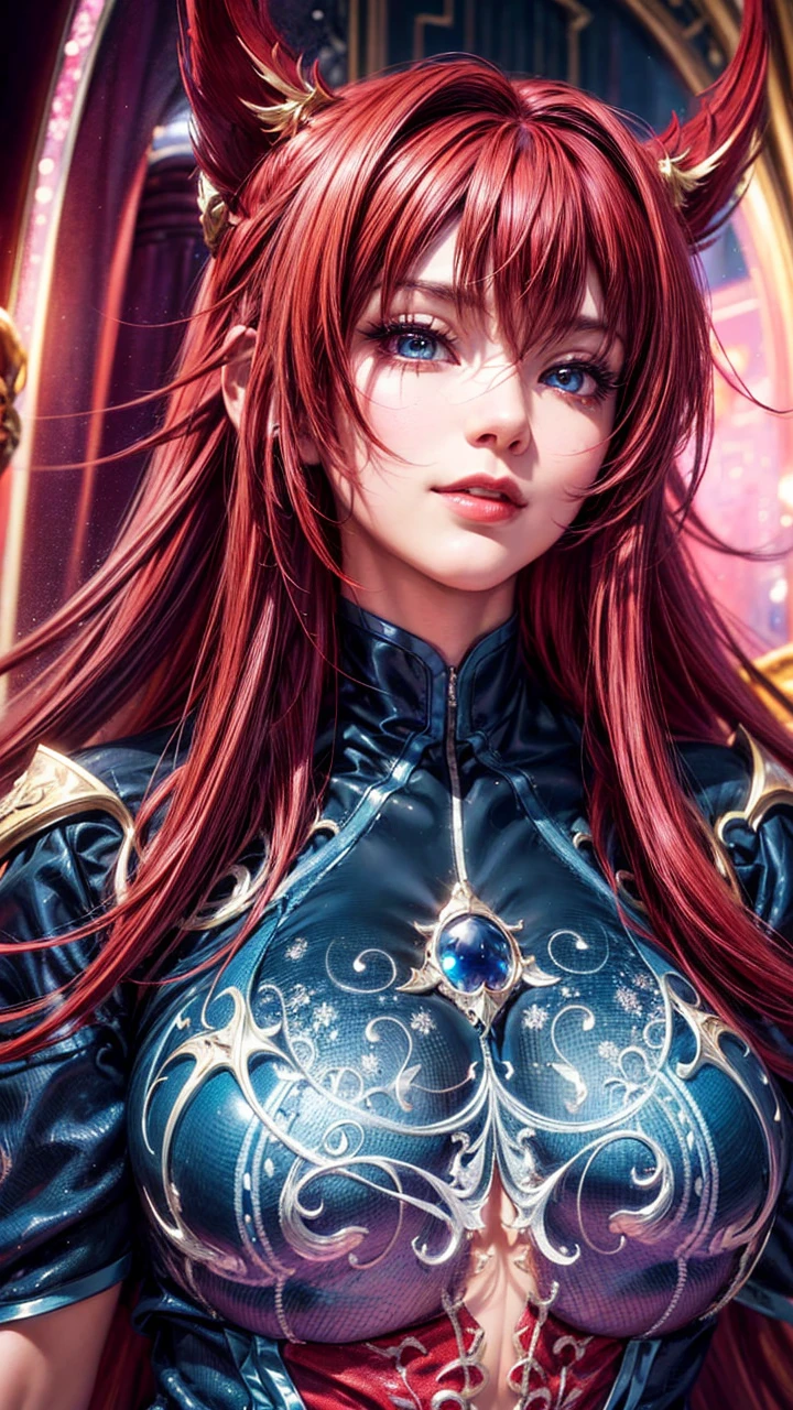 1girl, solo, rias gremory, looking at viewer, smile, upper body, detailed face, beautiful detailed eyes, beautiful detailed lips, exquisite detail, masterpiece, hyper detailed, 8k, photorealistic, cinematic lighting, dramatic lighting, intricate details, vibrant colors, rich colors, fantasy art, digital art