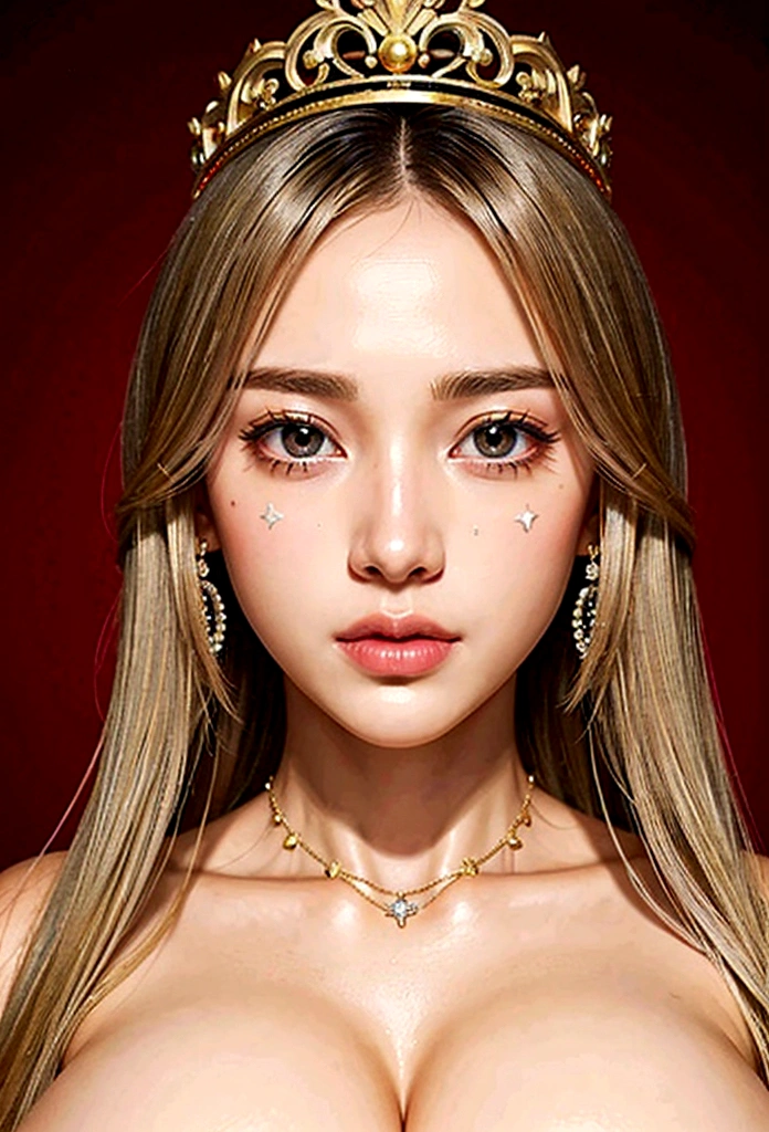 Princess , in castle, high quality, super quality, (detailed face:1.6) ,beautiful woman , golden eyes, long blonde hair , gorgeous dress, (dress:1.2) , tiara, necklace , earring , sharpe eyebrow , beautiful bangs are covering her eyes , (huge breast:1.4) ,