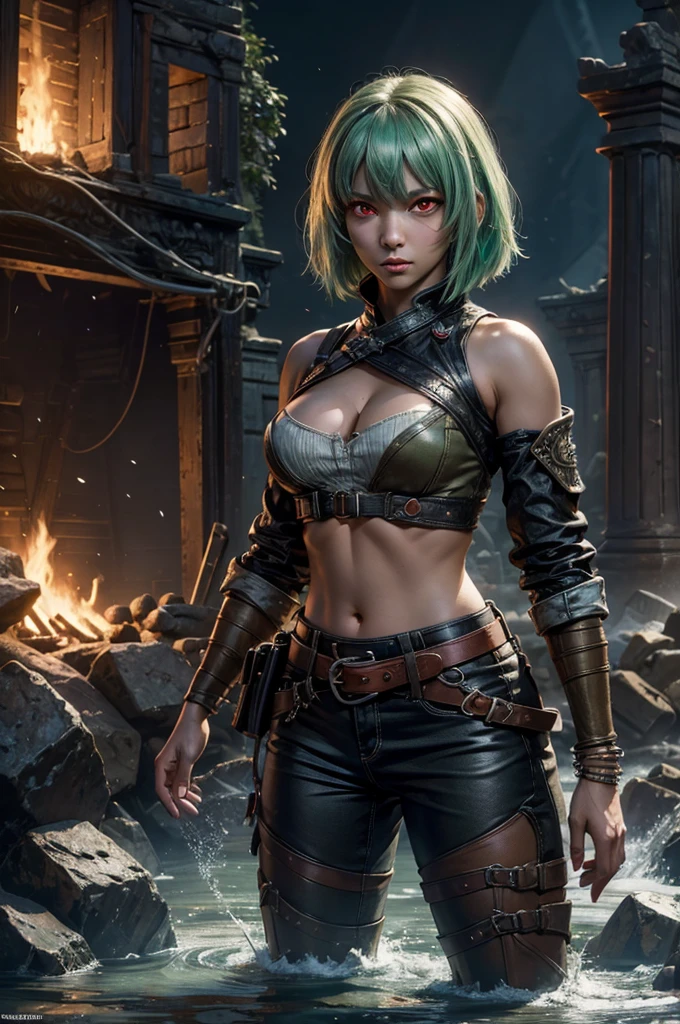 emeraldsustrai, emerald sustrai, short hair, (red eyes:1.5), green hair, dark skin, dark-skinned female, BREAK navel, cleavage, midriff, belt, cleavage cutout, chaps,  BREAK near ancient temple ruins, pillars, on top of mountain, BREAK waterfall, bonfires, (crowd, (crowd in military dress)), wrecked vehicles, (volumetric lighting),  intricate details, tonemapping, sharp focus, hyper detailed, (cowboy shot:1.5), BREAK (masterpiece:1.2), best quality, high resolution, unity 8k wallpaper, (illustration:0.8), (beautiful detailed eyes:1.6), extremely detailed face, perfect lighting, extremely detailed CG, (perfect hands, perfect anatomy),