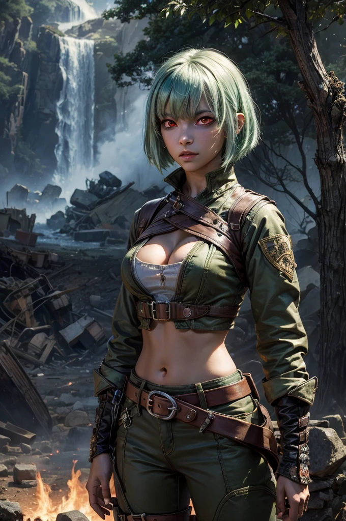 emeraldsustrai, emerald sustrai, short hair, (red eyes:1.5), green hair, dark skin, dark-skinned female, BREAK navel, cleavage, midriff, belt, cleavage cutout, chaps,  BREAK near ancient temple ruins, pillars, on top of mountain, BREAK waterfall, bonfires, (crowd, (crowd in military dress)), wrecked vehicles, (volumetric lighting),  intricate details, tonemapping, sharp focus, hyper detailed, (cowboy shot:1.5), BREAK (masterpiece:1.2), best quality, high resolution, unity 8k wallpaper, (illustration:0.8), (beautiful detailed eyes:1.6), extremely detailed face, perfect lighting, extremely detailed CG, (perfect hands, perfect anatomy),