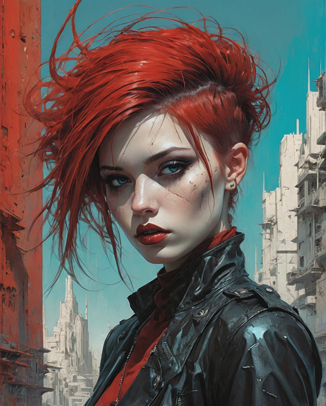 Punk trad goth subculture gothic Girl trad goth makeup punk post punk , gothic, maximalist art, by Moebius and Hariton Pushwagner, (ambient occlusion, masterful, beautiful), poster art, bold lines, hyper detailed, expressive, award winning, (landscape:1.4), (intricate details, masterpiece, best quality:1.4), looking at viewer, dynamic pose, wide angle view, in the style of nicola samori , futuristic style, sleek, ultra modern, high tech, ornate by Moebius and by Marc Simonetti, clean lines, geometric shapes, Minimalist color scheme of red and cyan
mkitdecy, rust, cracks brutalism, style by Tom Jung and Drew Struzan and Tim and Greg Hildebrandt, ((style by artgerm and Greg Manchess and Ilya Kuvshinov))