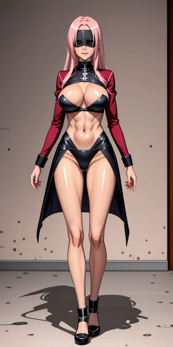 (masterpiece, HI quality: 1.1) 1girl full body standing good face, nice ass, hairstyle: braid, Color Hair: PINK long hair, Blindfolded: NO EYES, Skin: White (porcelain skin, sparkly skin), muscular, thighs, Mature woman, Abs, looks at the viewer smiling, extremely huge breasts, maternal, chest cover with clothes (Hell knight ingrid (anime style) Demon Knight Ingrid (OVA))