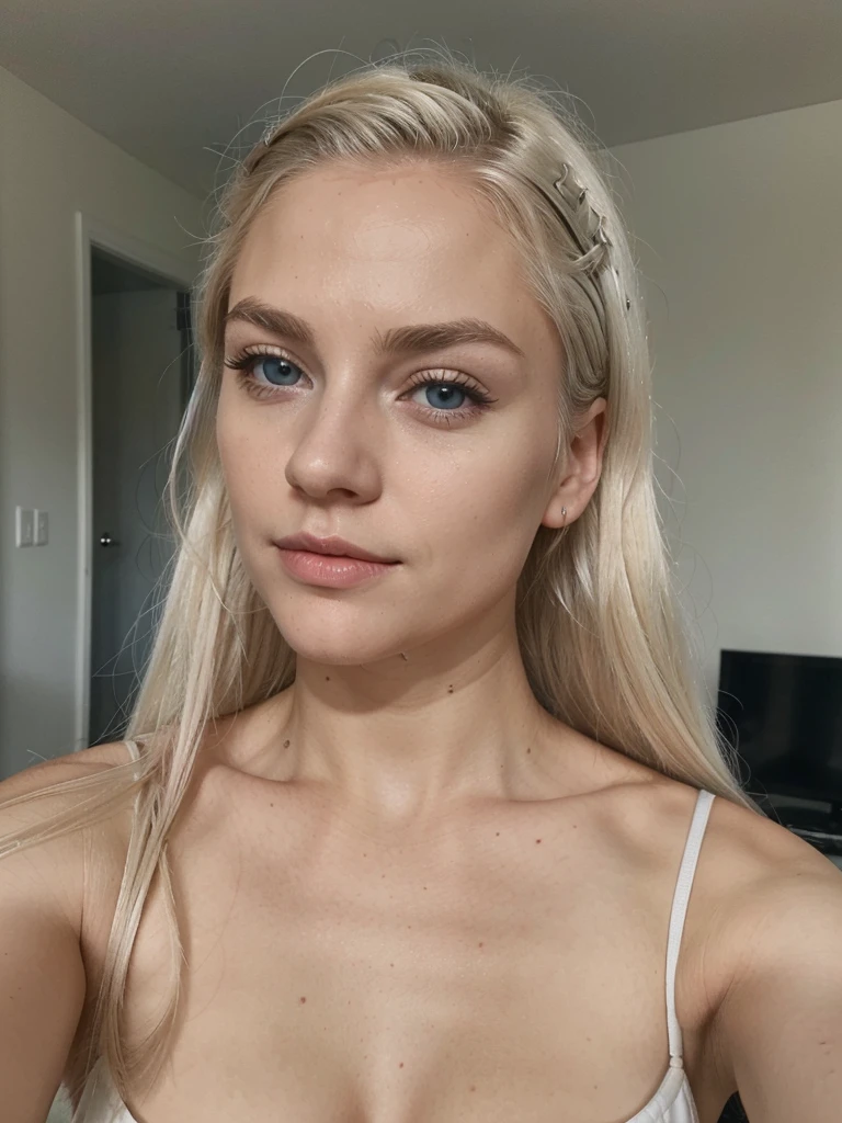white northerner with platinum blonde hair, platinum subtle natural eyebrows and blue eyes. Fully dressed, vulgar neckline. No make up, selfie in the room. super realistic and detailed
