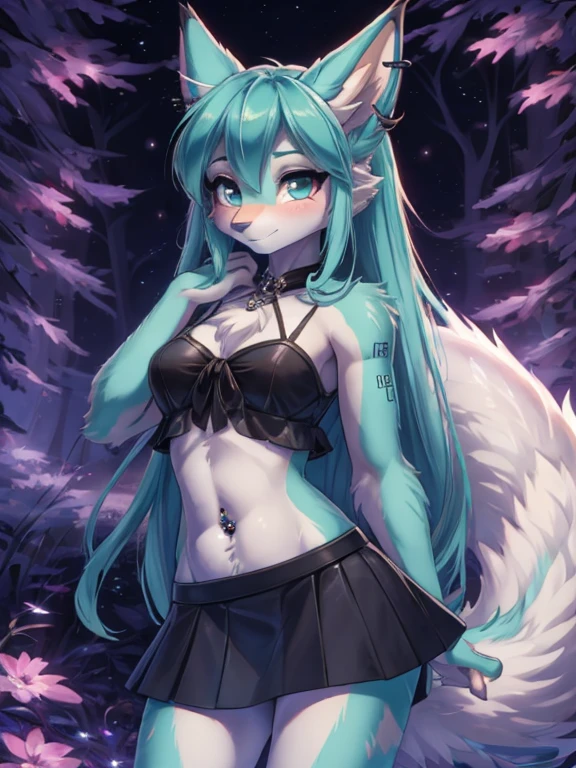 Chica anime, anime style, cute hatsune miku x suicune, shy girl , Orejas de Kitsune, arte de dark natasha, autum forest landscape, arte de vixen aztra, cuerpo completo, patas hermosas, cintura delgada, caderas amplias, piernas torneadas, hermosa, foto de cuerpo completo, sensual navel blouse, black mini skirt, navel piercing, ear piercing, navel tattoo, shy pose, beatifull and detailed hands, hincada en una playa mirando las estrellas de noche, witch girl, black aura, magic girl,