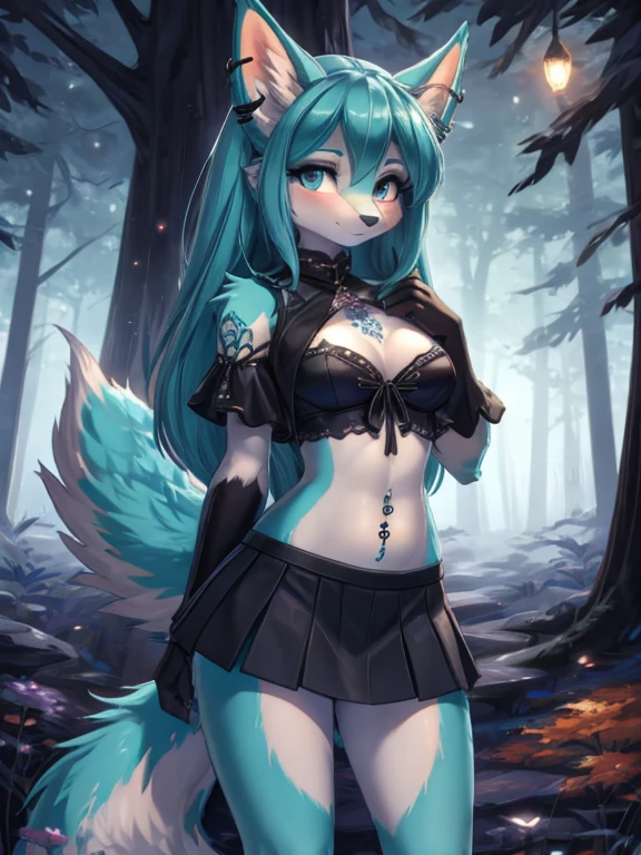 Chica anime, anime style, cute hatsune miku x suicune, shy girl , Orejas de Kitsune, arte de dark natasha, autum forest landscape, arte de vixen aztra, cuerpo completo, patas hermosas, cintura delgada, caderas amplias, piernas torneadas, hermosa, foto de cuerpo completo, sensual navel blouse, black mini skirt, navel piercing, ear piercing, navel tattoo, shy pose, beatifull and detailed hands, hincada en una playa mirando las estrellas de noche, witch girl, black aura, magic girl, 