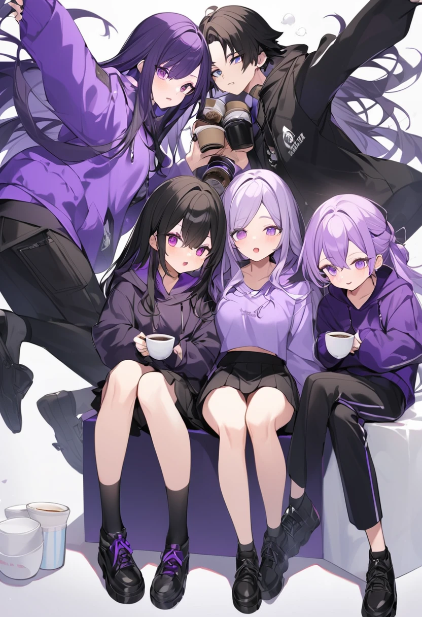 In a purple hoodie、Wearing a black short skirt、Wearing black socks、wearing black shoes。hair is black、Purple eyes。Breasts are K cup。The skin is white and、Long hair。Has one brother and one sister。My sister has an E cup。All in purple hoodies。All hair is black。My brother is wearing black pants.。