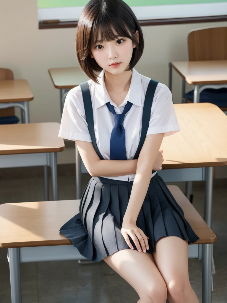 (8k, Photorealistic, Raw photo, Highest quality: 1.4),Japanese idol-style beautiful girl,1 person,,Hairstyle(Short Bob,Black),She has her hair tucked behind her ears,Large, clear grey eyes,Long eyelashes,Plump Cheeks,Thin and delicate shoulders,thin abdomen,Short sleeve open shirt(The front is open),Pleated skirt,School classroom,Full body portrait