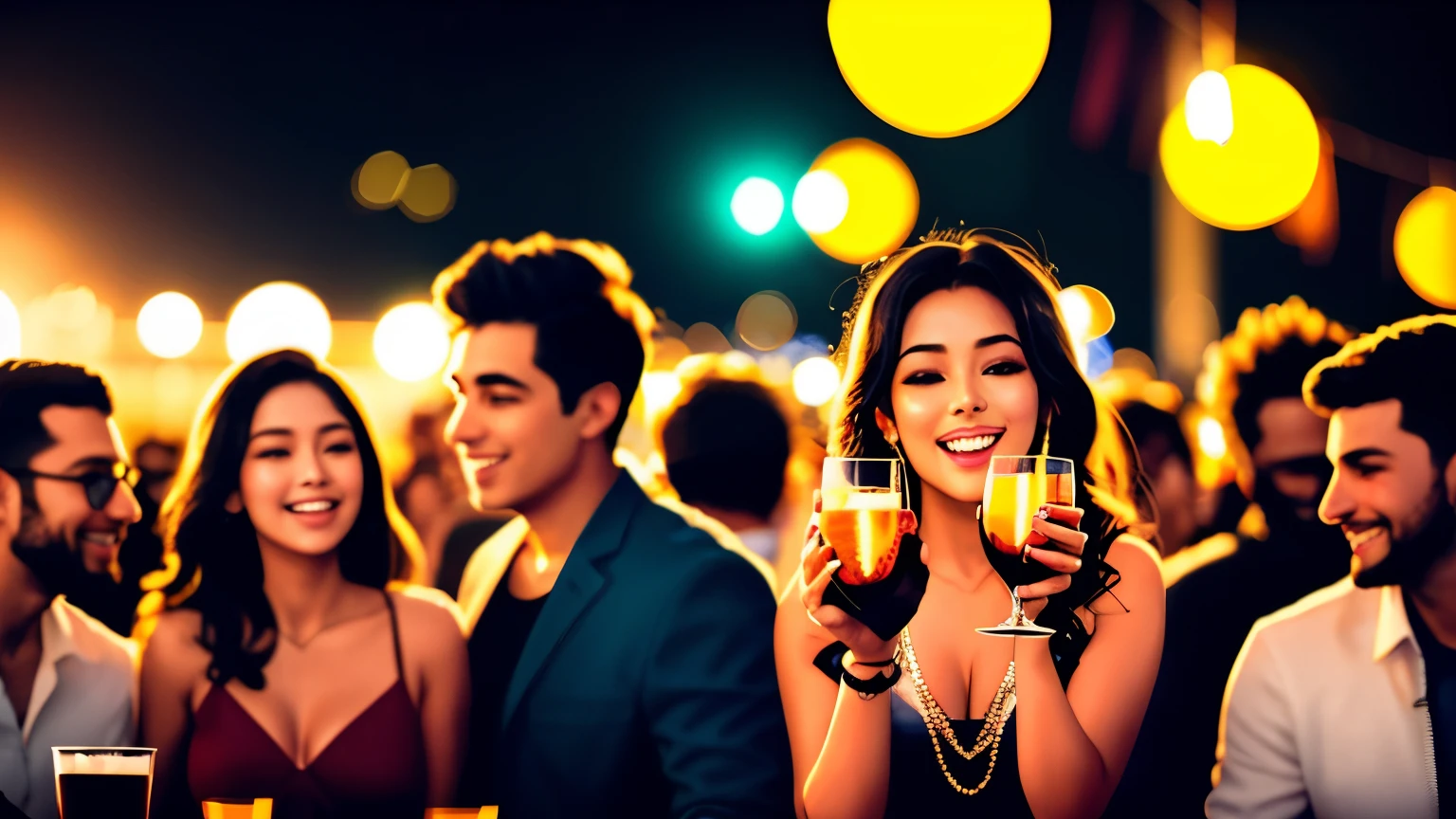 Imagem: A mesma jovem em um ambiente de festa, cercada por amigos e admiradores. She's at the center of attention, com um sorriso confiante. She holds a glass of drink and appears to be having fun without any worries. The men around her are clearly interested in her, with expressions of fascination and adoration. The atmosphere is lively, with flashing lights and loud music.
realista, , rim lighting, duotone lighting,(pele com alto detalhe: 1.2), 8K uhd, rosto bonito,physicist, Efeito , alta qualidade, volumetric light, tiro furtivo, foto, high resolution, 4k, 8K, Bokeh
