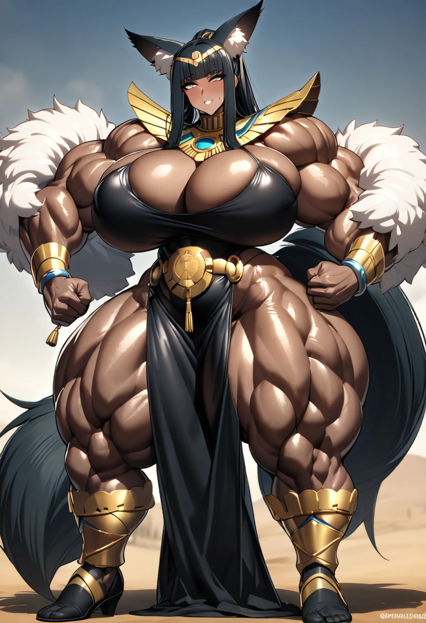 Cleopatra with extreme muscular body, gigantic muscular arms, gigantic muscular tights, kyuubi outfit, fair skin, fox ears, 9 fluffy fox tails, black hair with ponytail and gigantic breasts.