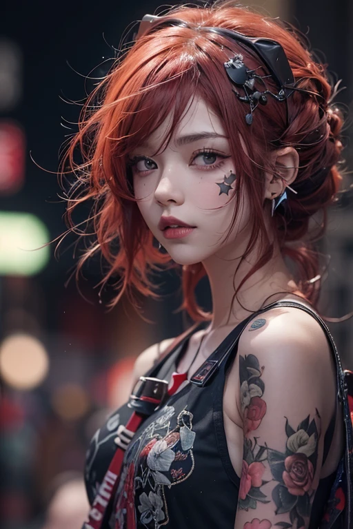 No sleeve、tattoo、真っred、本当にredい、red、red-haired、corruption、red hairs、Headphones、🎧、Goth_punk, One Girl, alone, Medium Shot, Stroll around Harajuku, ((At night)), Bokeh Depth of Field, Neon Light, 虹のeye, Starry Sky, red glowing hair, Black eyebrows, Radiant hair, (iridescent red hair), 耳Nipple Ring, prohibit, gem, mask, 鈍い前hair, Field'eye, 口mask, Blurred背景, Blurred, hair adornments, Look at the viewers, shorth hair, Portraiture, Side Lock、Goth、(Tabletop), (Portraiture), (beautiful), (beautiful), (Upper blood), (high quality), (beautiful衣服), (Professional perspective), (Three-part method), (feminine), (woman), (woman), (beautiful),(feminine features), (Age 25), alone, woman1名, (Charming punk girl), Winters, Dramatic Light, ((I'play the guitar)), (Are standing), anddgy makeup, (Small breasts), ((Electric guitar)), (Front Face), (resistance的な表情), ((resistance)), (レザージャケットとtattoo), ((Short hair)), (dyed (and.G. and pink) hair), (spiky hair), (Thick hair), Matte shine hair, (Hair bands scattered in the hair), (Green eyes), (A bold and daring look), (Pale skin), (Dark clothing), (Band T-shirts), (Ripped jeans), (-), Crew neck), ((Urban alley background)), (Close-up shot), beautiful hands, both hands, Normal hand, Two Arms, Complete Hand, beautiful body, beautiful fingers, Normal finger, Five Fingers, Five Fingers, (Thumb Index Finger Ring Finger), beautiful ears, Normal ear, beautiful eyes, 輝くeye, beautiful mouth, beautiful lips,