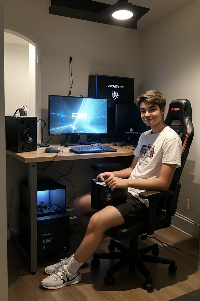 A 19-year-old person sitting in a gamer chair in front of a gamer desk and a PC