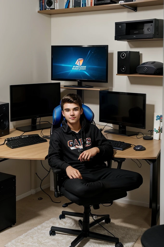 A 19-year-old person sitting in a gamer chair in front of a gamer desk and a PC