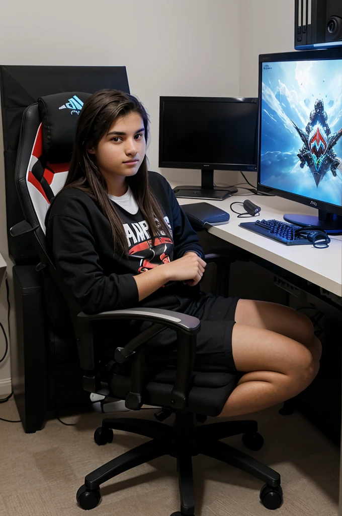 A 19-year-old person sitting in a gamer chair in front of a gamer desk and a PC
